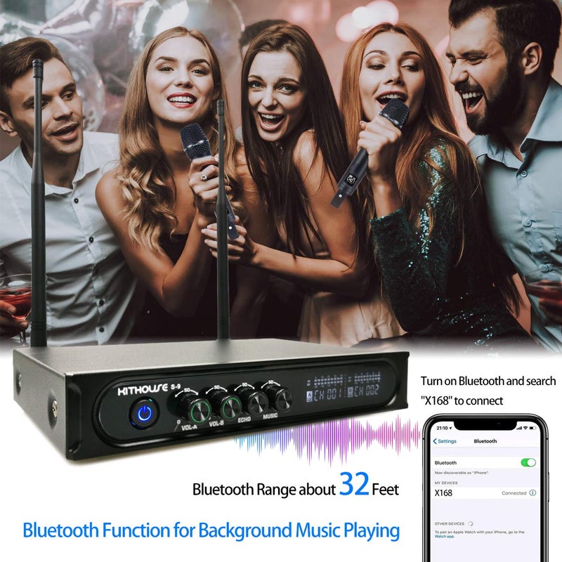Kithouse نظام ميكروفون لاسلكي قابل لإعادة الشحن Kithouse S9 UHF مع ميكروفون كاريوكي لاسلكي مزدوج مع صندوق مستقبل بلوتوث + تحكم في مستوى الصوت ECHO للغناء في الكاريوكي والخطابات والاجتماعات والكنيسة، 200 قدم - Image 3